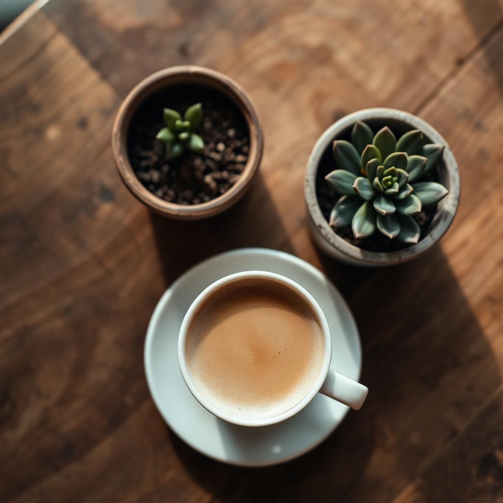 Coffee cup beside potted succulents