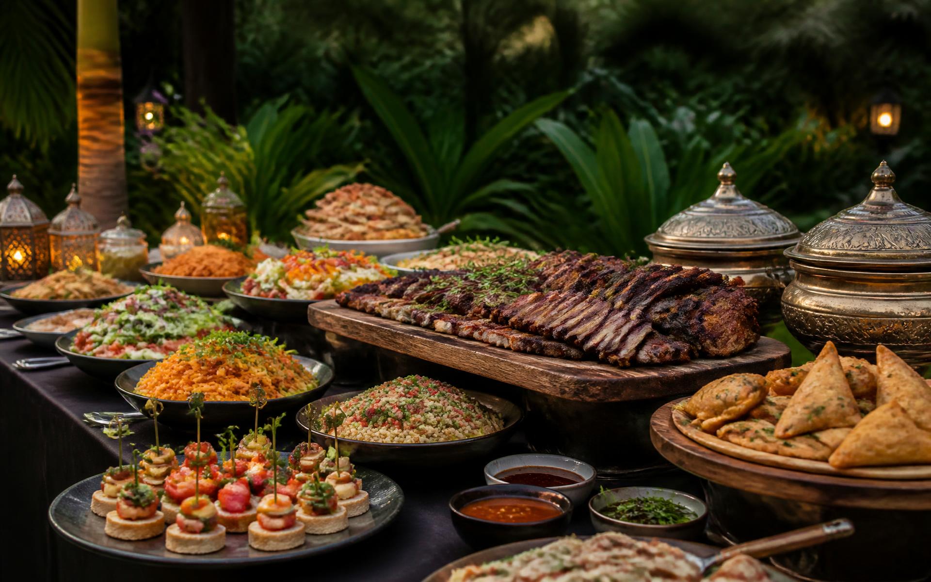 Buffet spread of grilled meats, salads and samosas in the garden